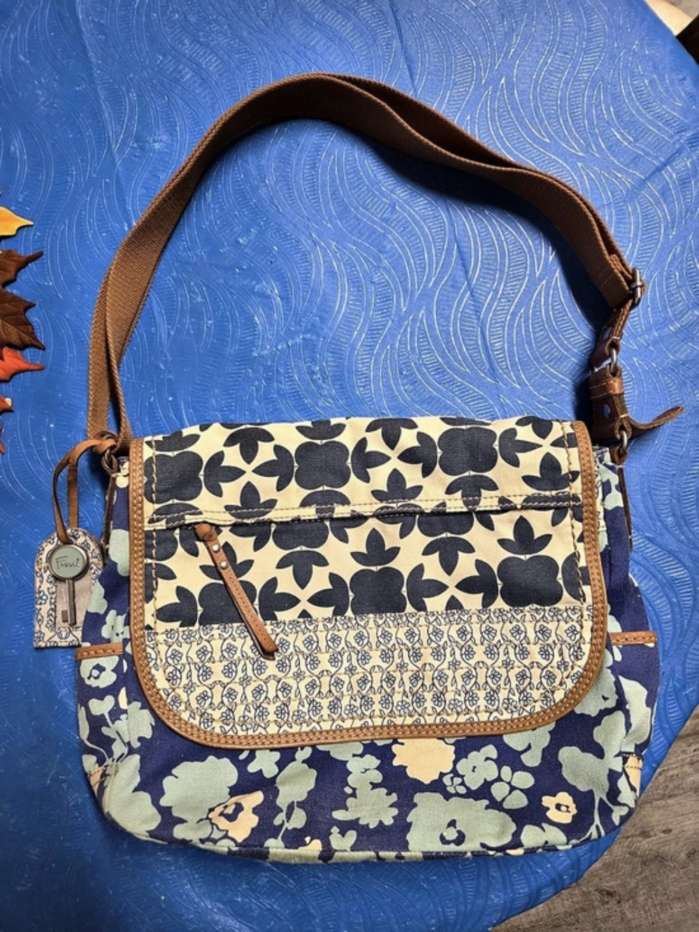 Fossil Key-Per Floral Canvas Crossbody Messenger Bag Shoulder Bag Blue & Green